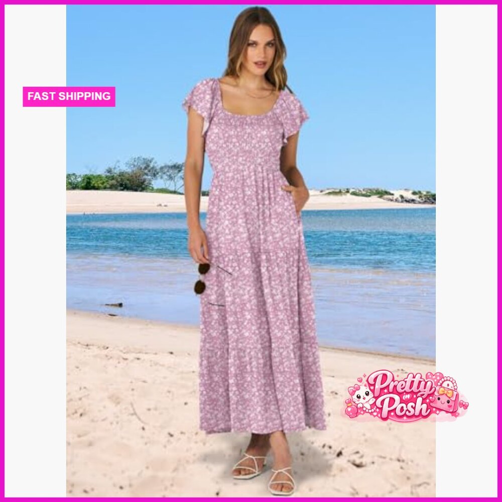 Polyester Elastane Maxi Dress Flutter Sleeve Smoc… - image 5